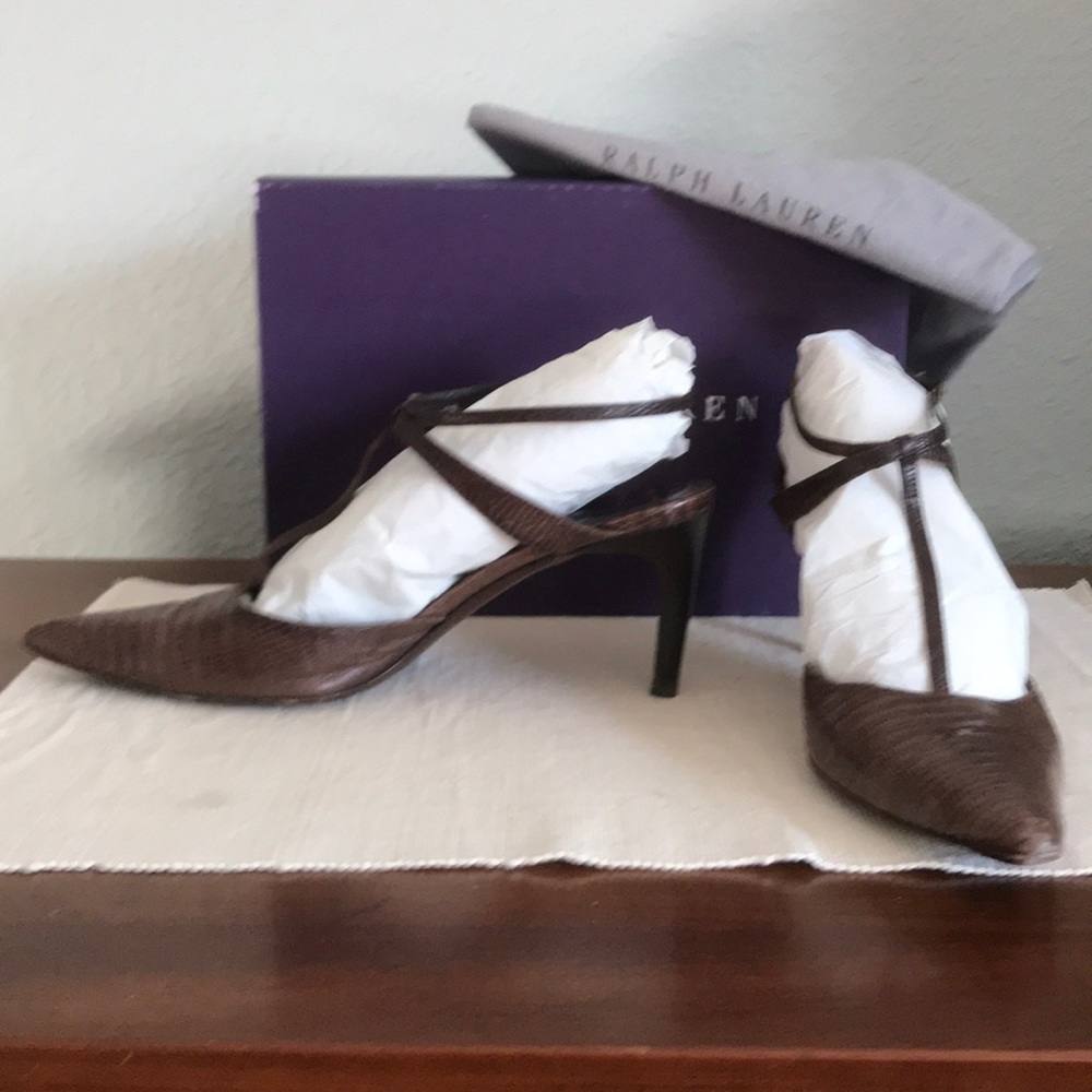 RALPH LAUREN Collection brown lizard sling heels